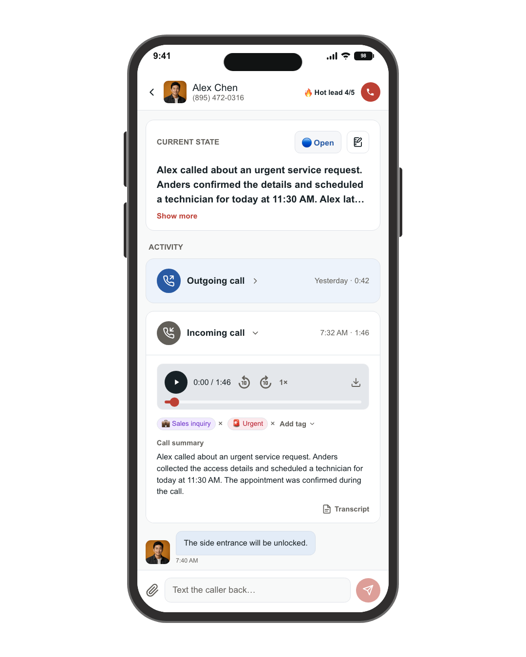 RankLadder call summary with a recording, transcript, and follow-up text in the mobile app