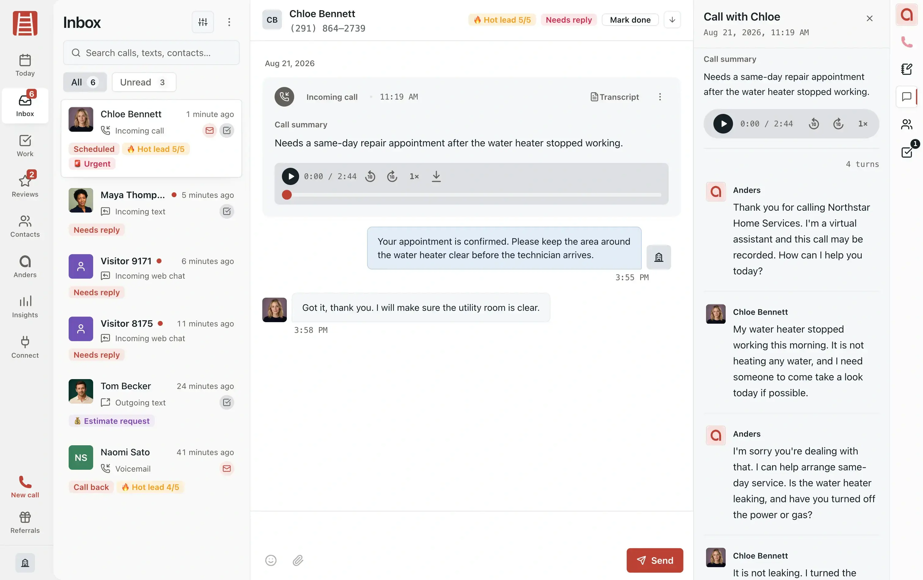 RankLadder Inbox showing AI-handled calls, texts, booking status, a conversation transcript, and an AI summary.