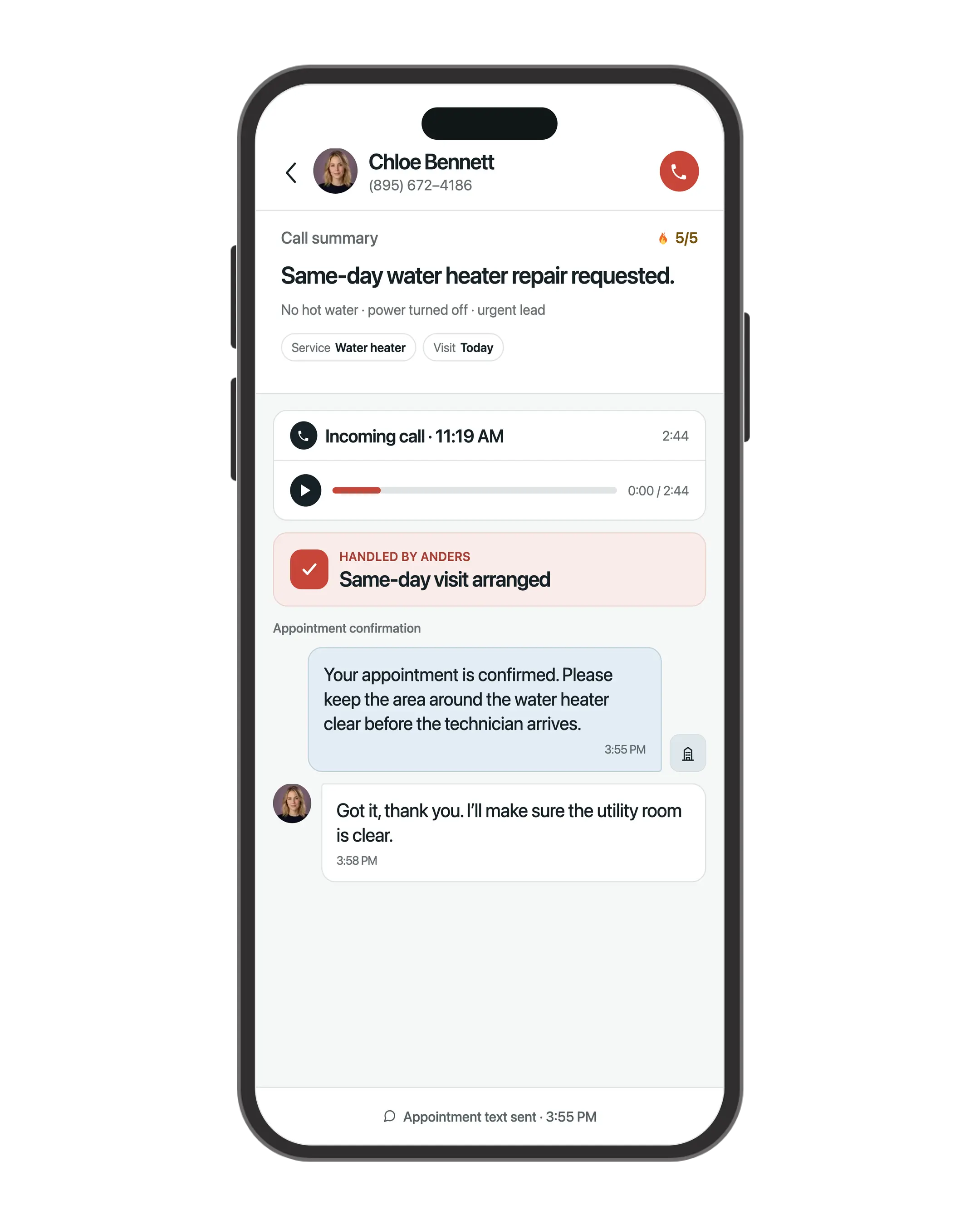 RankLadder on Android showing Chloe's incoming call, AI summary, confirmation message, and same-day appointment.