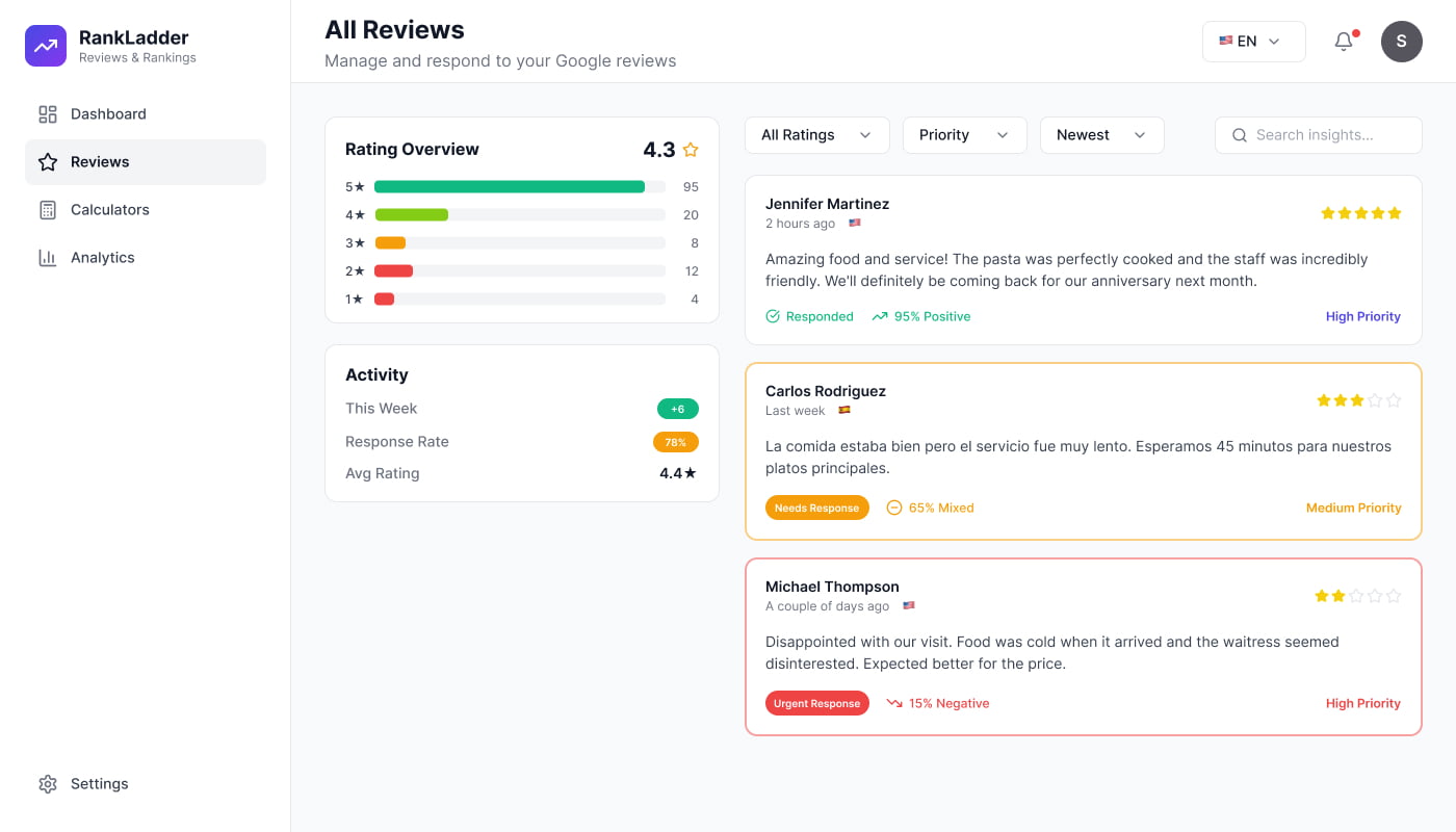 RankLadder Reviews - Review Management Interface